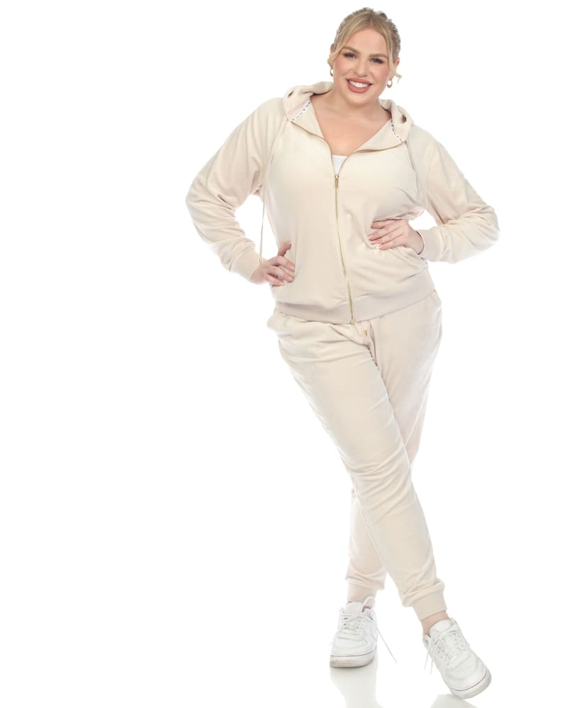 Front of a model wearing a size 3X Plus Size 2-Pc Velour Tracksuit Set in Pearl by White Mark. | dia_product_style_image_id:320008